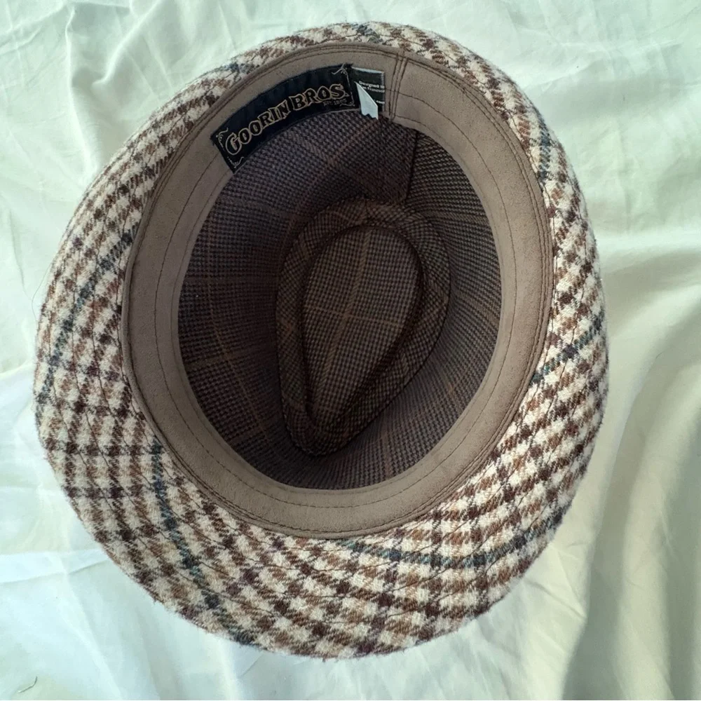 Goorin Bros Men Fedora Hat Brown Check Wool Polyester Excellent Condition